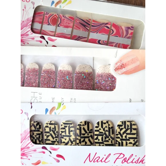 3 Brand New Incoco Real Nail Polish Strips Pink Glitter Swirl Geometric - Picture 2 of 3
